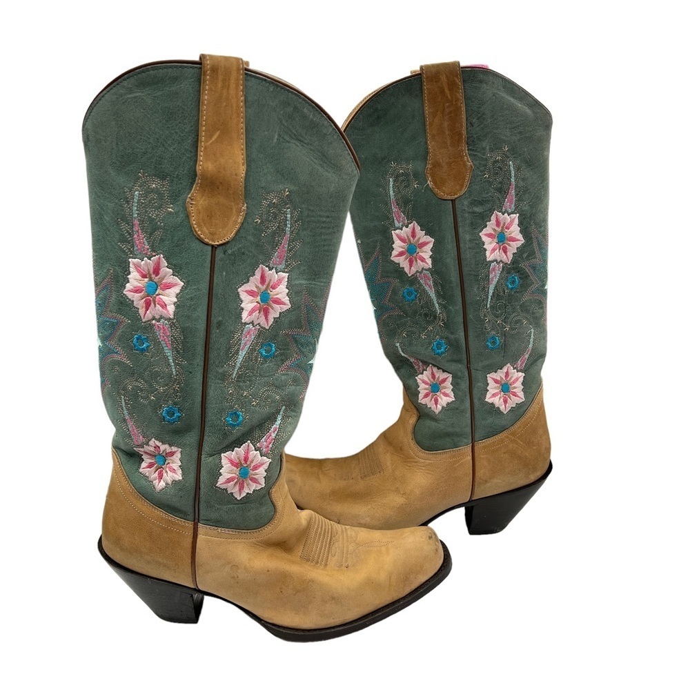 SONORA DOUBLE H ASHLEE COWGIRL BOOTS GOLDEN BEIGE MOSS EMBROIDERED STACK HEEL 9